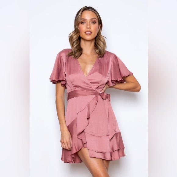 KEEPSAKE THE LABEL THIS MOMENT SATIN WRAP PINK TIE BOW MINI DRESS - Picture 3 of 11